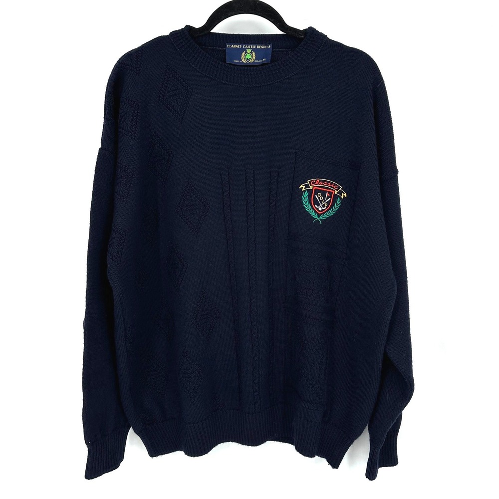 CLARNEY CASTLE DESIGNS Mens Navy Wool Golf Crest Sweater XL‎ Made in Ireland